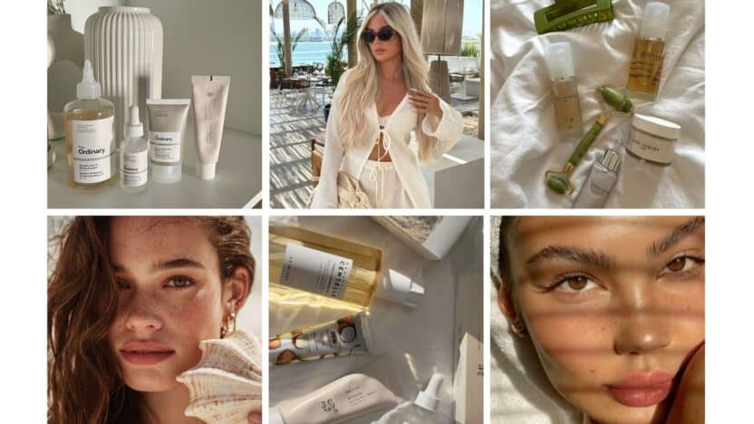 Collage of skincare products and women enjoying natural beauty, featuring The Ordinary and sunlit faces with minimal makeup.