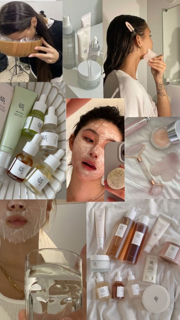 Collage of skincare routines with serums, lotions, face masks, and a woman applying products, highlighting beauty and self-care.