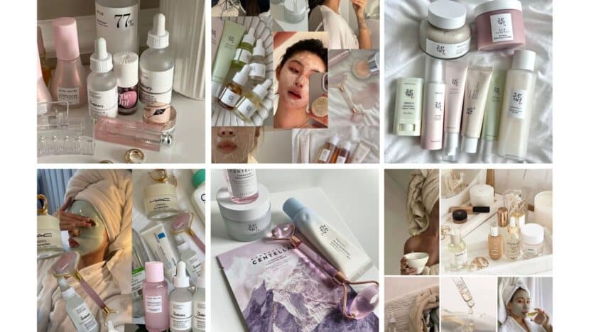 Collage of skincare products and routines featuring serums, face masks, and creams for a complete beauty regimen.