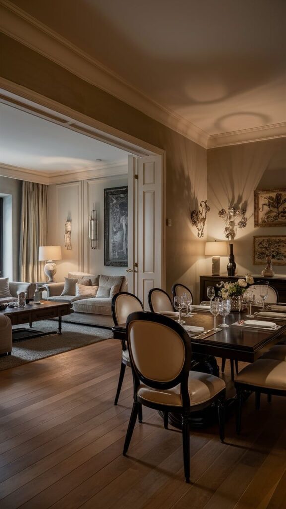 Elegant dining and living room with warm lighting, wooden floors, and classic decor. Cozy ambiance for relaxation and gatherings.