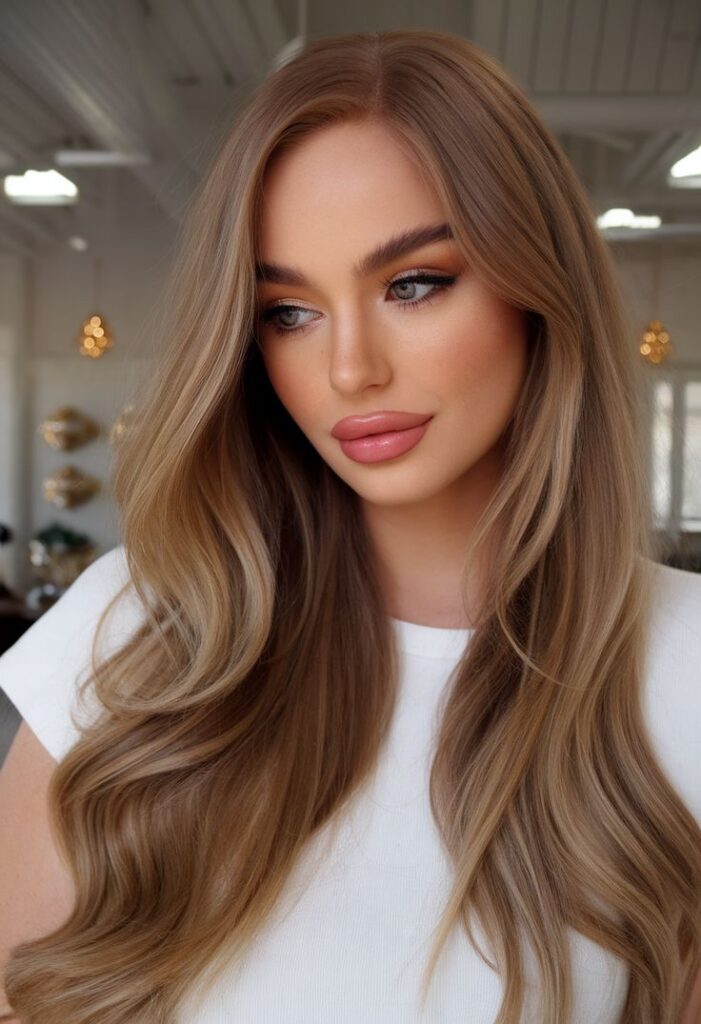 Woman with long, flowing hair and natural makeup gazes to the side, wearing a white top in a softly lit room.