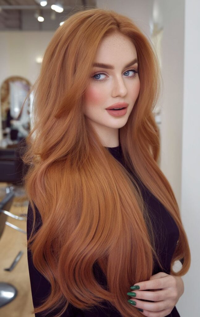 Red-haired woman with long, flowing hair in a stylish salon, wearing a black top, posing confidently.