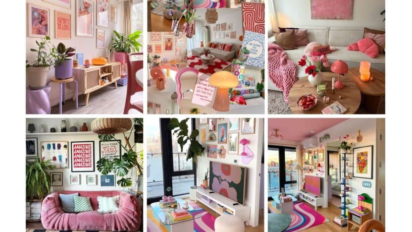 Colorful boho-chic living room collage with plants, eclectic wall art, vibrant furniture, and cozy décor accents.