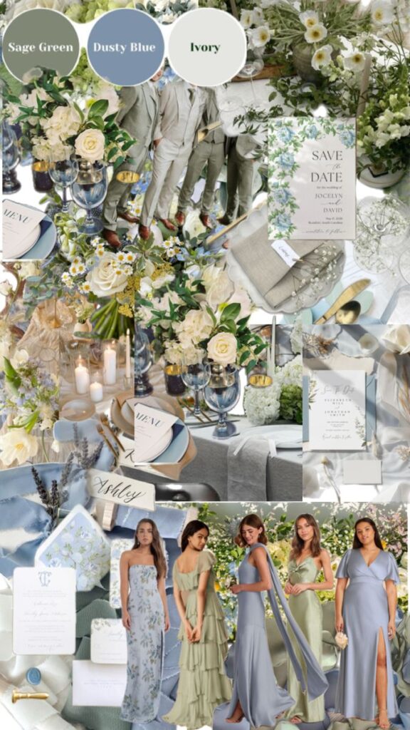 Elegant wedding mood board with sage green, dusty blue, and ivory palette featuring floral arrangements, bridesmaids, and decor.