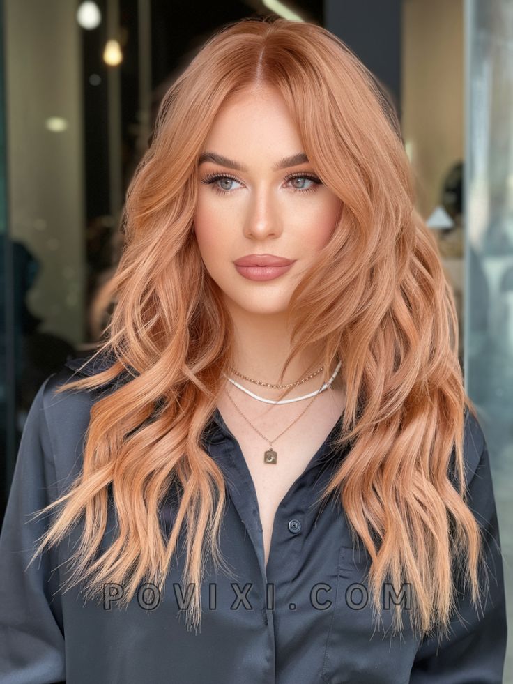 Woman with long, wavy, copper hair, wearing a black shirt and layered necklaces, posing indoors. Trendy hairstyle and fashion look.