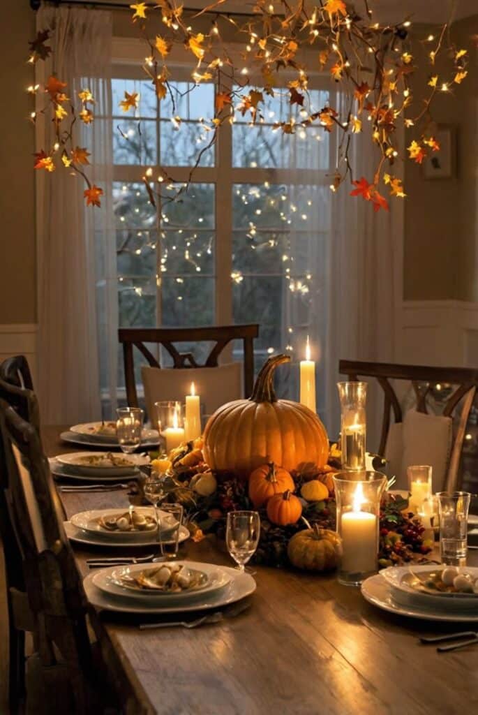 Cozy autumn dinner setup with pumpkins, candles, and harvest decor on a wooden table, illuminated by string lights.