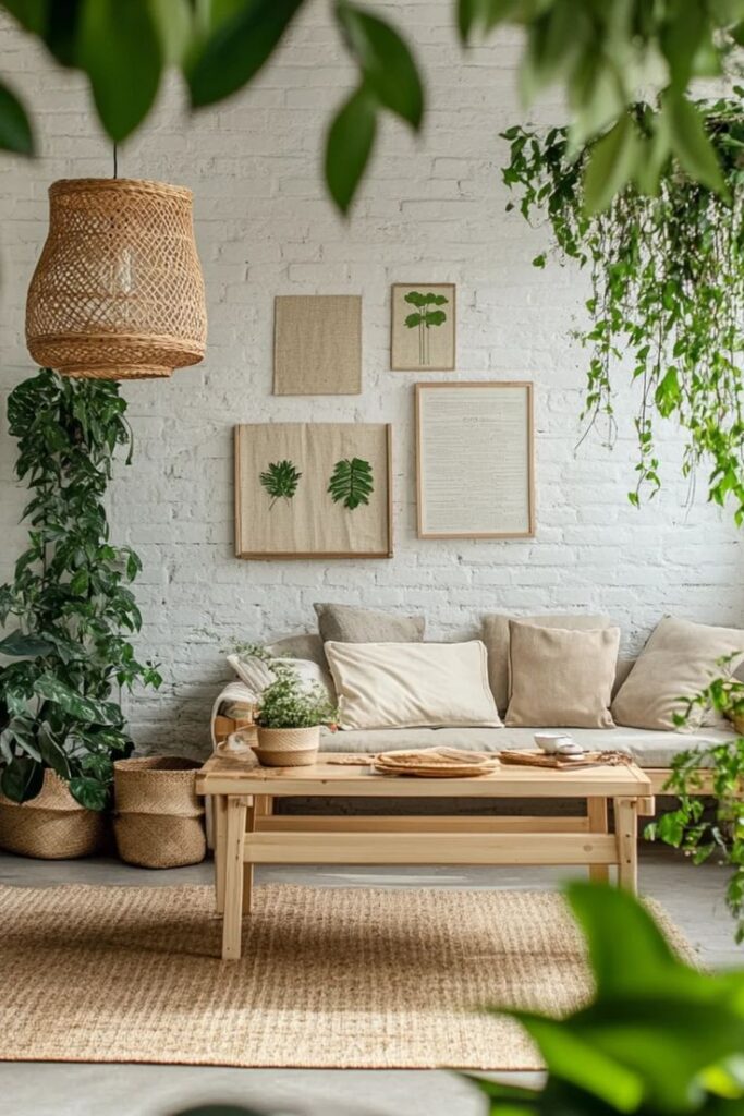 Cozy living room with green plants, natural decor, and a wooden coffee table, exuding bohemian style and serene vibes.