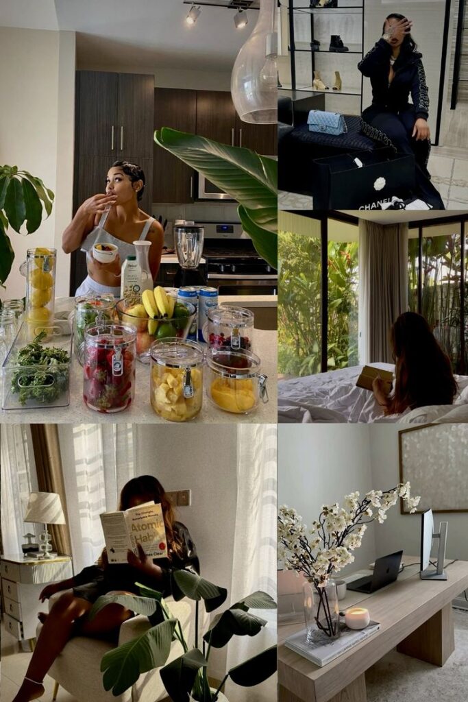 Collage of a woman enjoying breakfast, relaxing with a book, and a stylish home office, showcasing a balanced lifestyle.