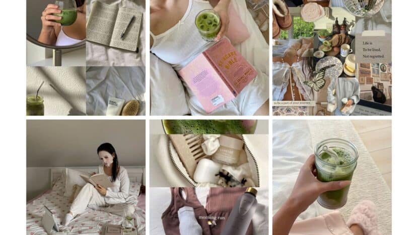 Cozy lifestyle collage: green smoothies, skincare, books, self-care, and relaxation in serene settings.