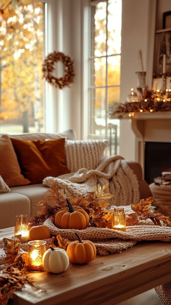 Cozy autumn living room with pumpkins, candles, and knitted blankets; warm, inviting fall decor by the window.