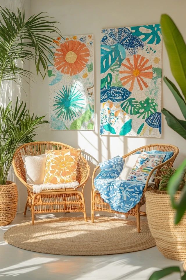 Cozy wicker chairs with colorful cushions and tropical wall art in a sunlit room with lush green plants.