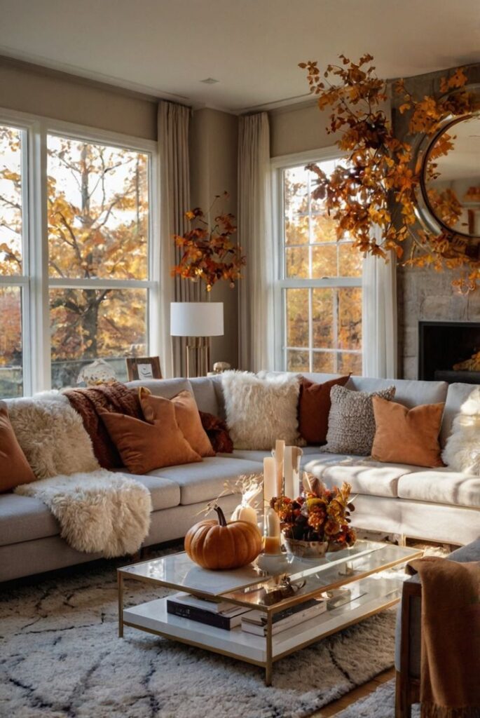 Cozy fall-themed living room with a sectional sofa, warm pillows, and a coffee table decorated with pumpkins and candles.