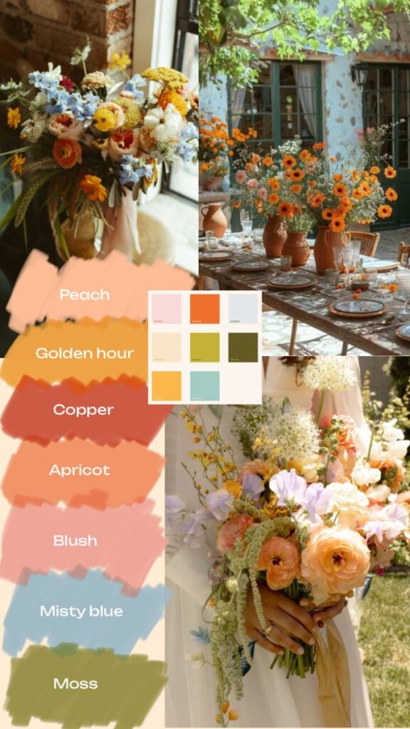 Colorful floral arrangements with peach, golden hour, and misty blue hues. Perfect for weddings or garden parties.