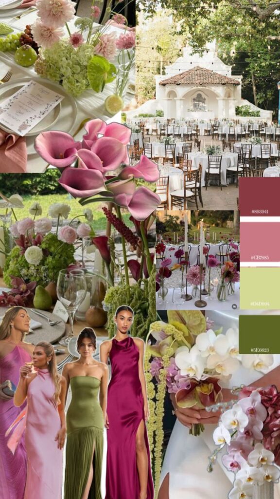 Elegant outdoor wedding theme with floral arrangements, color palette, and fashion inspiration in pink, green, and burgundy hues.