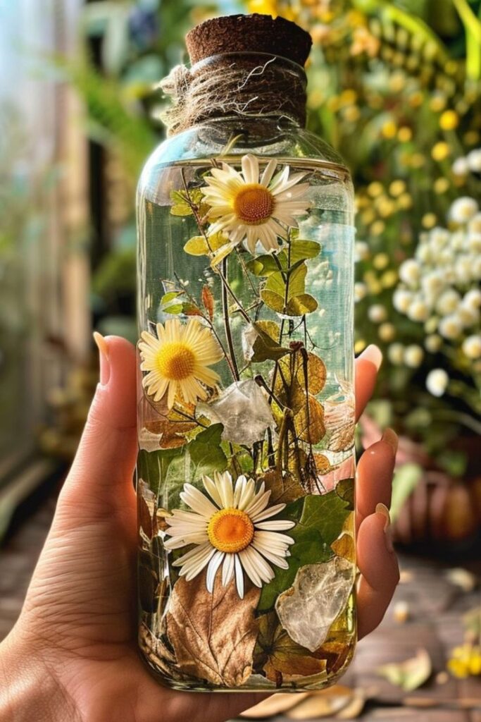Hand holding glass jar with daisies, leaves, and crystals, creating a natural, decorative terrarium effect.