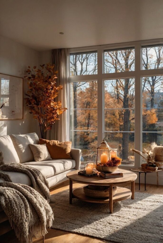 a02c75ae-a758-42f3-8854-c5ffae9a05c1 - Handy Home Cozy living room with fall decor, candles, and large windows showcasing autumn trees. Warm tones and comfortable seating create an inviting space.