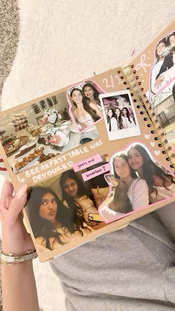 Scrapbook page with photos of friends and a breakfast spread, text reads Breakfast table was devoured.