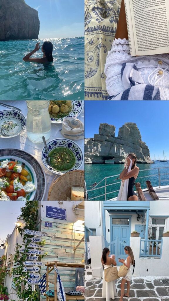 Collage of a Mediterranean getaway: crystal waters, reading on the beach, Greek cuisine, scenic cliffs, charming streets, and local signs.