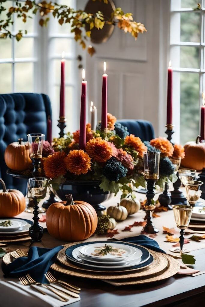 Elegant fall tablescape with pumpkins, autumn flowers, and candles, perfect for seasonal gatherings and festive dining ambiance.