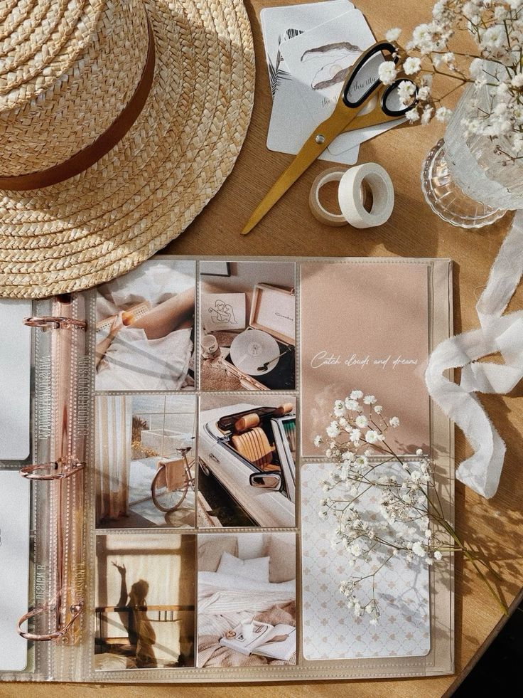 Scrapbook aesthetic with summer hat, vintage photos, scissors, and flowers on a wooden table. Creative crafting inspiration.
