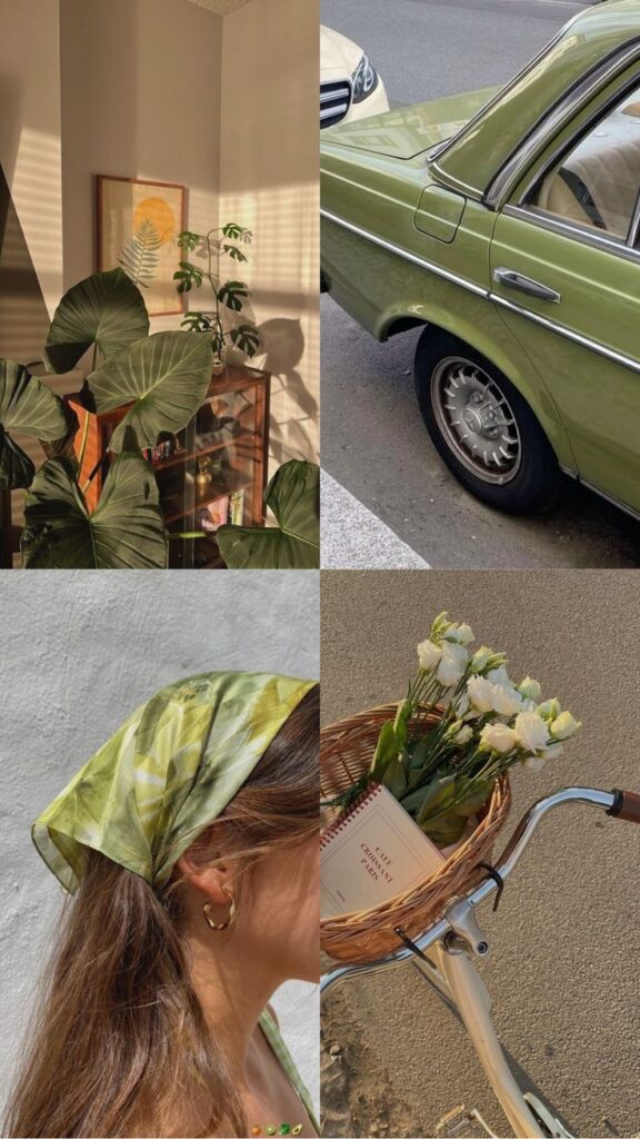 c7537d32-0939-450a-8036-242a42f7beb9 Collage: Green leaves, vintage car, woman in green headscarf, bike basket with white flowers and book, evoking retro vibes. - Handy Home Collage: Green leaves, vintage car, woman in green headscarf, bike basket with white flowers and book, evoking retro vibes.