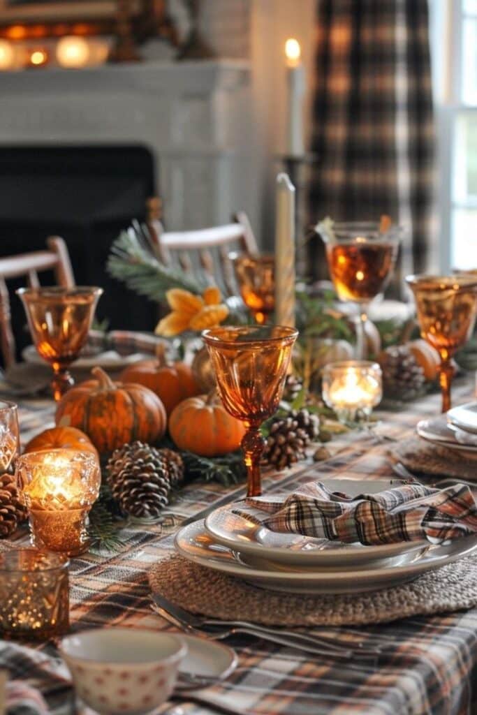 Warm autumn table setting with pumpkins, pinecones, candlelight, and plaid accents for a cozy Thanksgiving dinner.