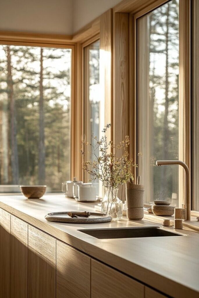 Modern kitchen with wooden cabinets, large windows, and natural light, featuring minimalistic decor and a serene forest view.