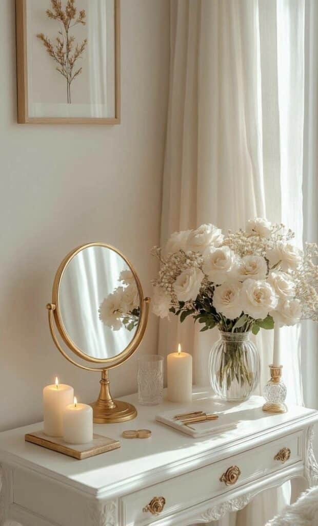 Elegant vanity setup with flowers, candles, and mirror on a vintage dresser beside natural light curtains for serene decor vibes.
