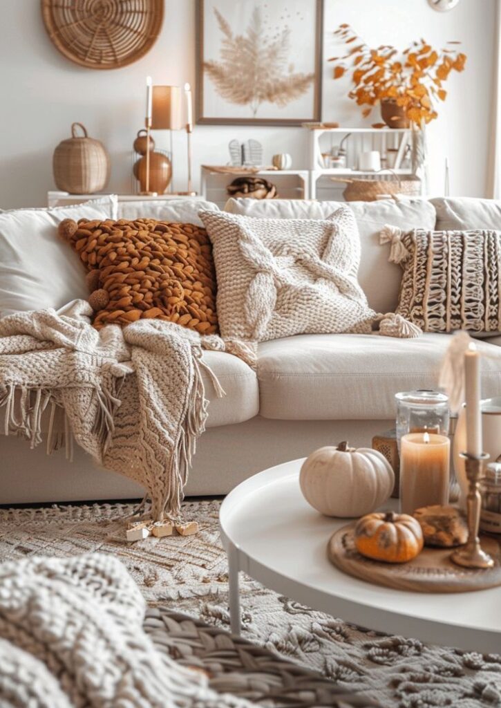 Cozy autumn-themed living room with knit pillows, blankets, candles, and pumpkins on a white coffee table. Warm and inviting decor.