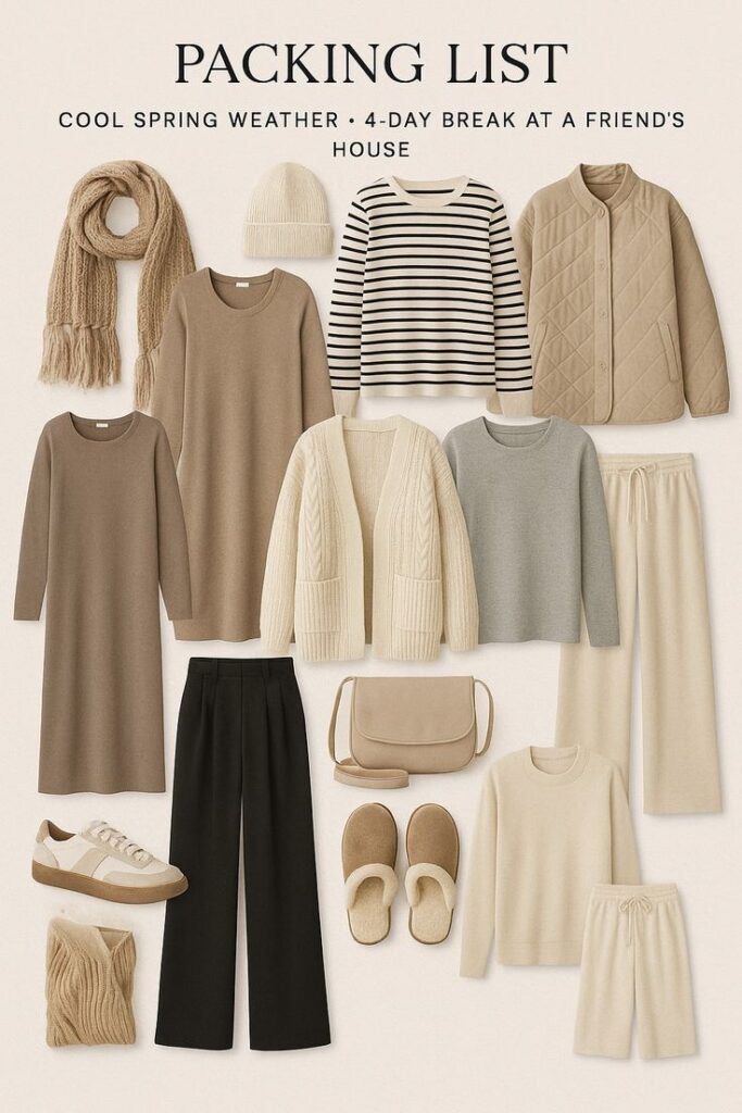 Packing list for a 4-day spring trip: beige and neutral clothing, shoes, and accessories for cool weather stays at friend's house.