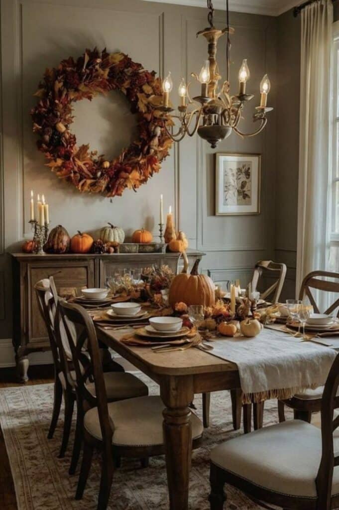 Elegant dining room with autumn decor, featuring pumpkins, a wreath, and a rustic wooden table set for a cozy fall gathering.