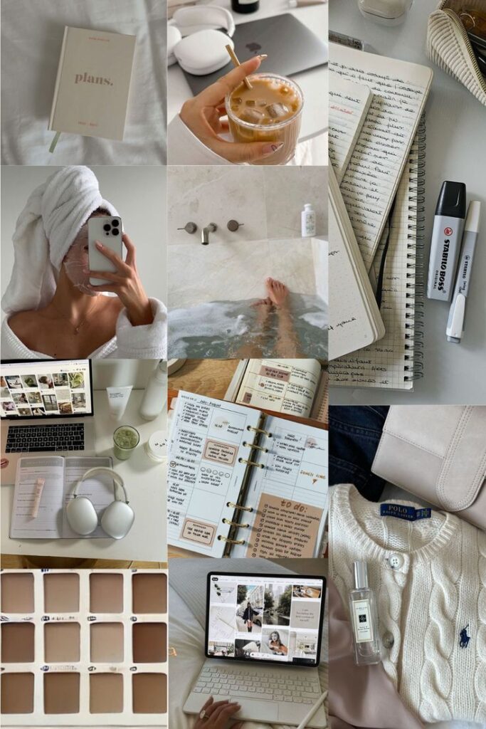 Aesthetic lifestyle collage featuring planner, coffee, bath, notebook, laptop, headphones, skincare, and cozy fashion items.