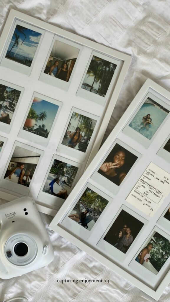 Vintage-style collage of Polaroid photos with a white Instax Mini camera, capturing joyful moments on a white background.