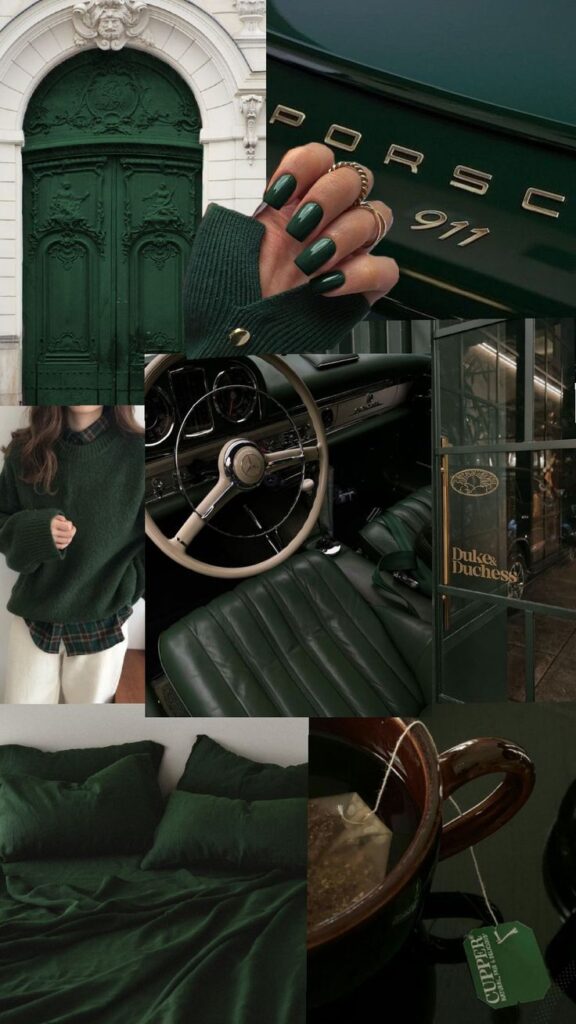 Collage of elegant green-themed items: vintage car, ornate door, cozy sweater, tea, and bedding, creating a stylish aesthetic.