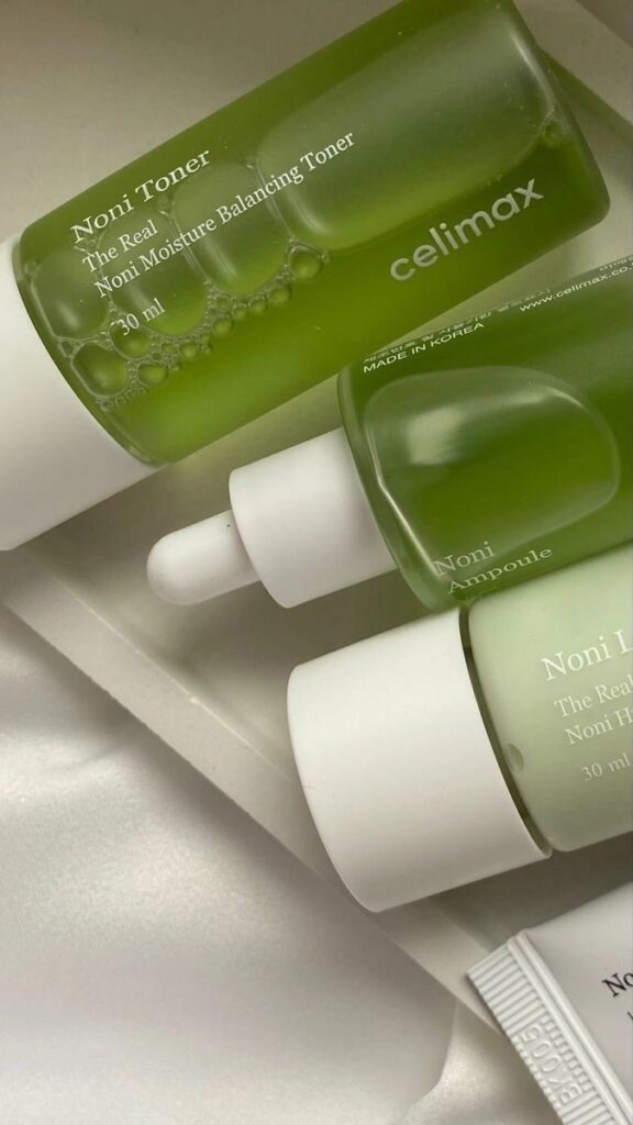 df46803c-5eab-4158-87bd-89eee6b84942 Green Noni Toner and Ampoule by Celimax, skincare set featuring moisture-balancing formulas, 30ml, made in Korea on a white surface. - Handy Home Green Noni Toner and Ampoule by Celimax, skincare set featuring moisture-balancing formulas, 30ml, made in Korea on a white surface.