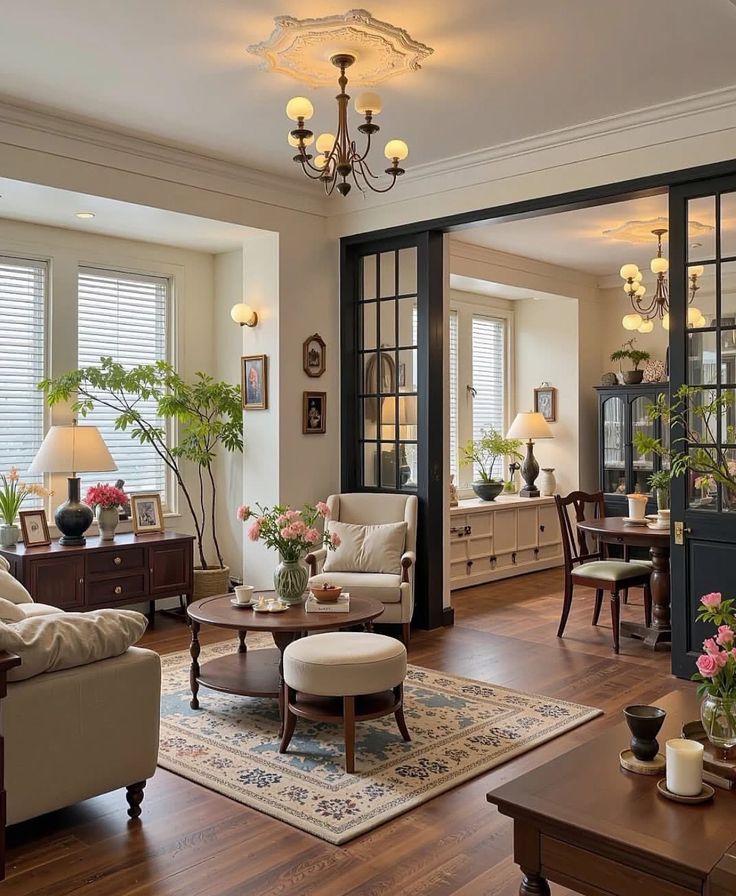 Elegant living room with cozy seating, wooden floors, and natural light, featuring plants and classic decor. Perfect for relaxation.