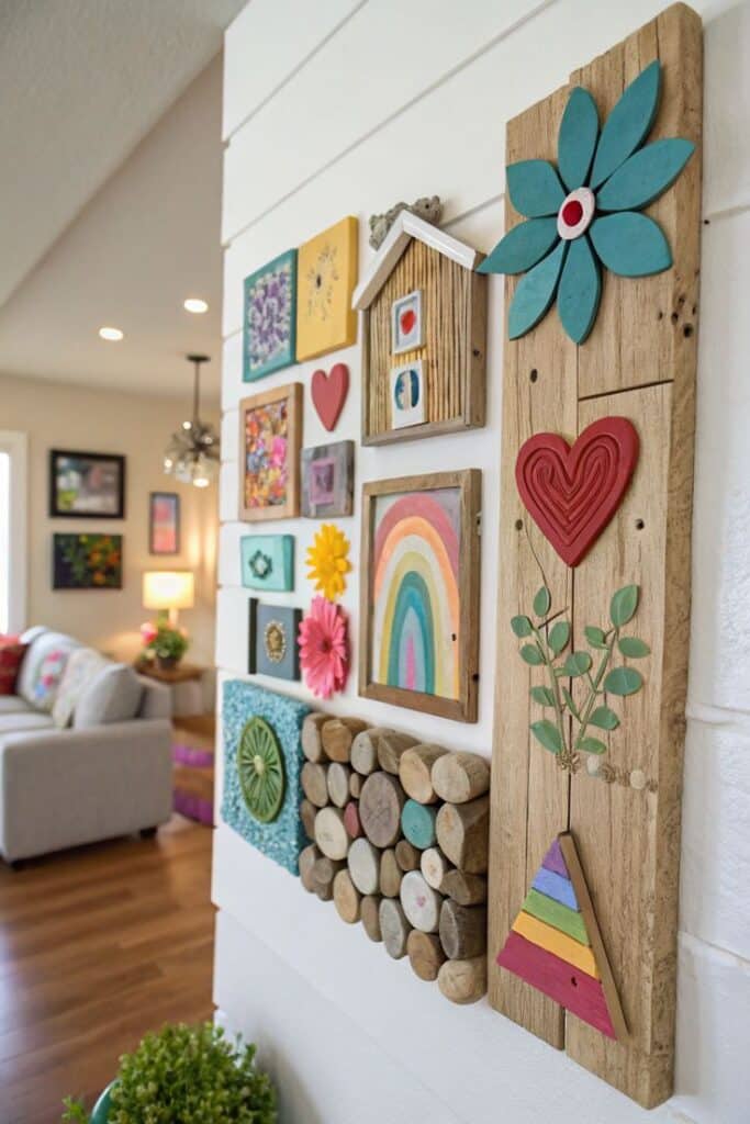 Colorful wall art gallery with wooden textures, flowers, hearts, and a rainbow in a cozy living room setting.