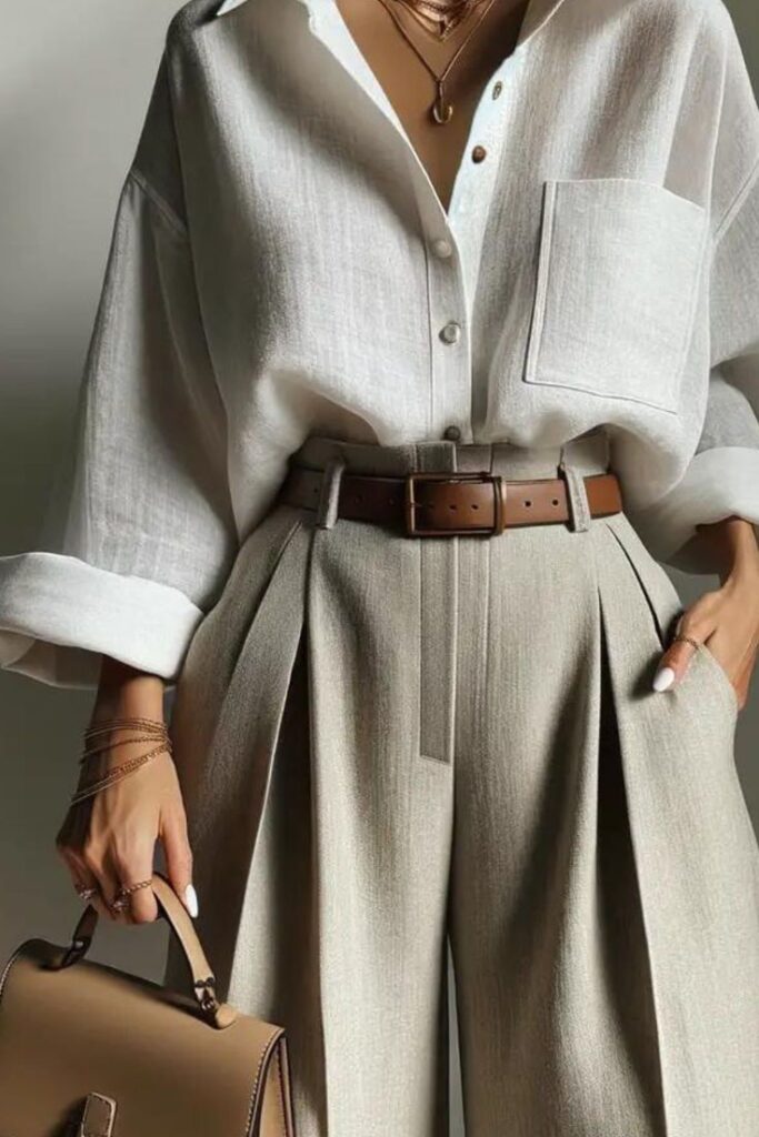 Stylish woman in beige high-waisted pants and white shirt, holding a chic brown handbag, showcasing elegant fashion.