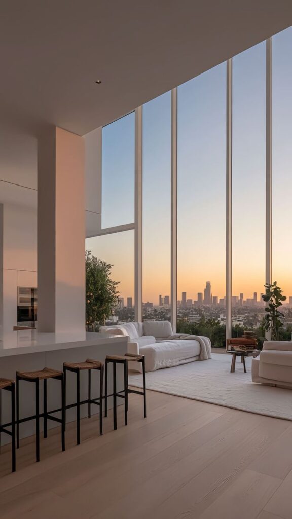 Modern living room with large windows, sunset city view, white sofas, bar stools, and wooden flooring for a chic urban vibe.