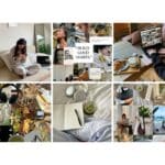 Collage of cozy, productive lifestyle elements: reading, working on a laptop, enjoying coffee, and building good habits.