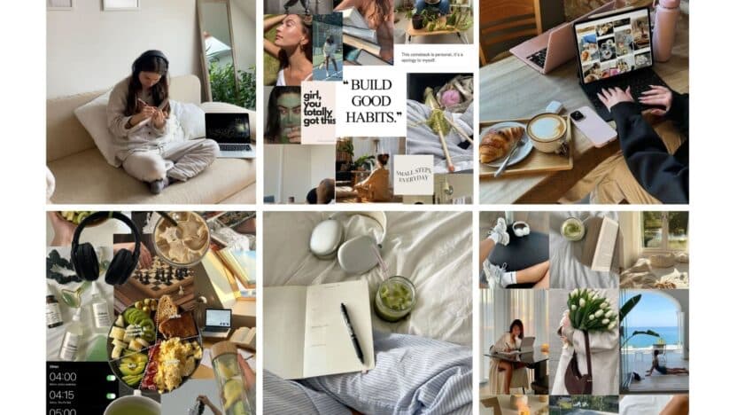 Collage of cozy, productive lifestyle elements: reading, working on a laptop, enjoying coffee, and building good habits.