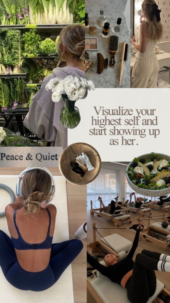 Aesthetic lifestyle collage with healthy living, fitness, meditation, self-care products, and inspiring quote for personal growth.