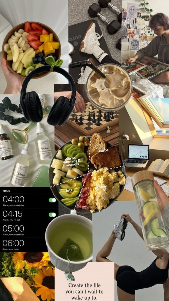 Collage of healthy lifestyle elements: fruit, dumbbells, skincare, smoothies, chess, workspace, and motivational quote.