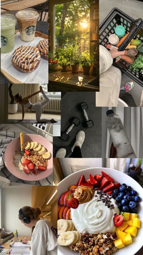 Collage of healthy lifestyle: yoga, fresh food, exercise, morning sunlight, and nutritious breakfast bowls.