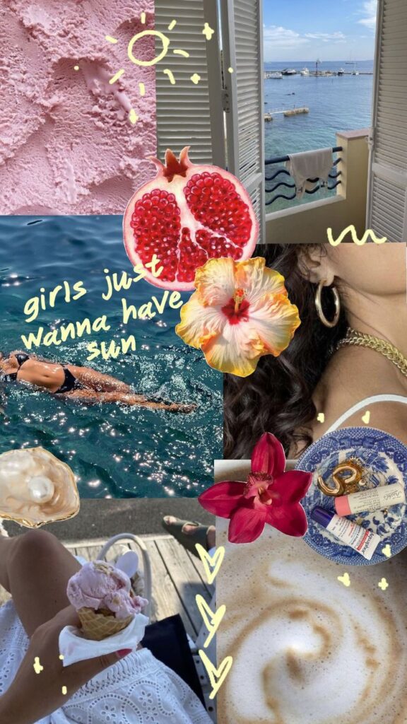 Collage of summer vibes with ice cream, beach view, pomegranate, and text girls just wanna have sun. Perfect summer aesthetic.