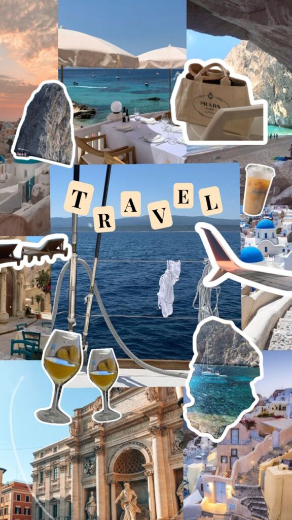 Collage of dreamy travel destinations with sea views, historic architecture, dining by the ocean, and travel essentials.
