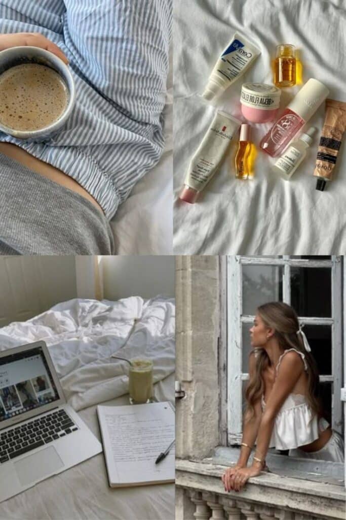 Cozy morning routine: coffee in bed, skincare products, working on a laptop, and enjoying the view from a window.