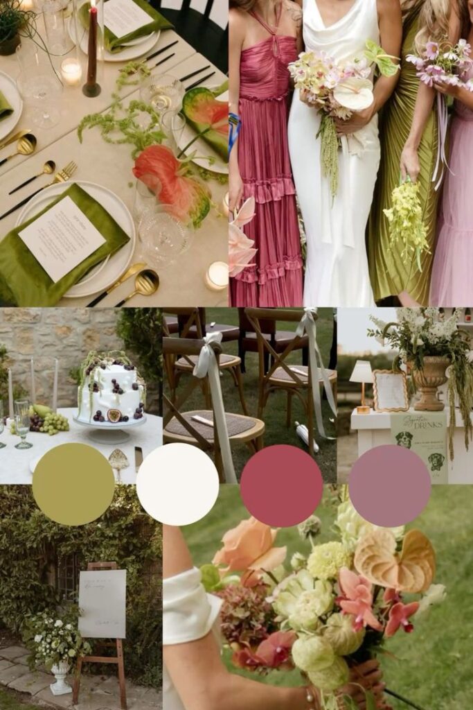 Elegant wedding inspiration board with dresses, floral arrangements, table settings, and earthy color palette. Rustic outdoor theme.
