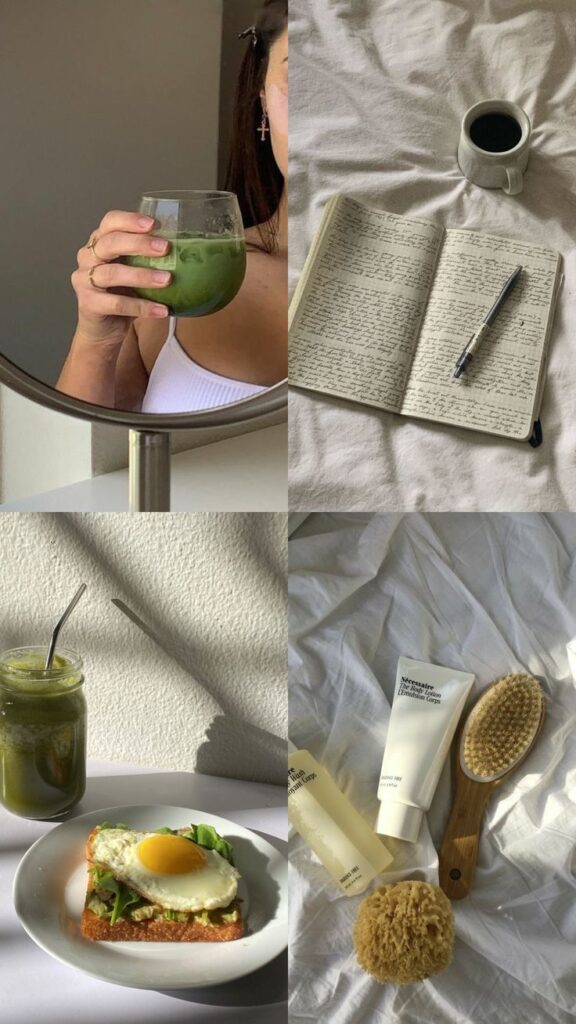 Morning routine essentials: matcha, iced coffee, journaling, avocado toast, skincare products, creating a calming start to the day.