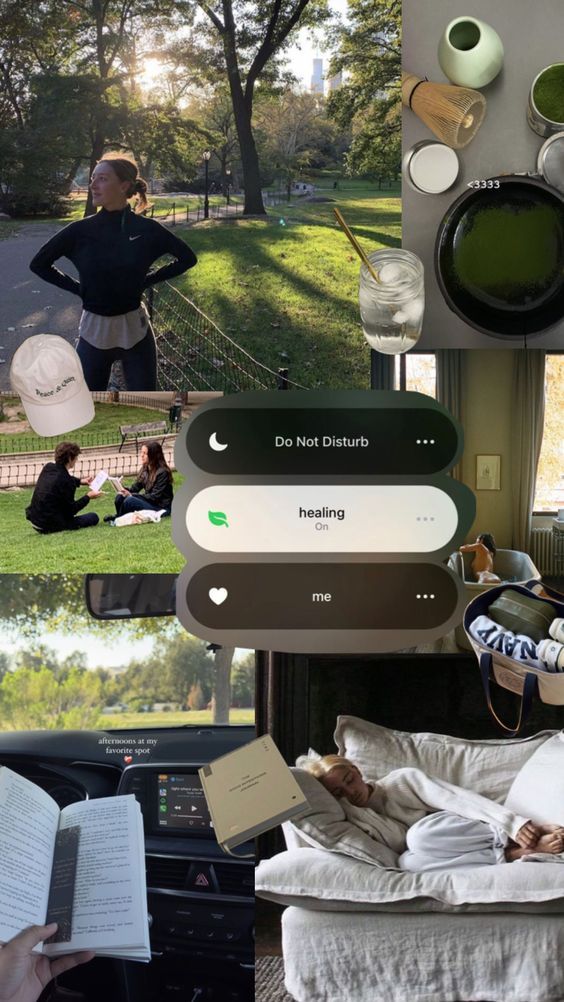 Collage of wellness activities: outdoor exercise, matcha tea, reading, and relaxation, depicting a peaceful and balanced lifestyle.